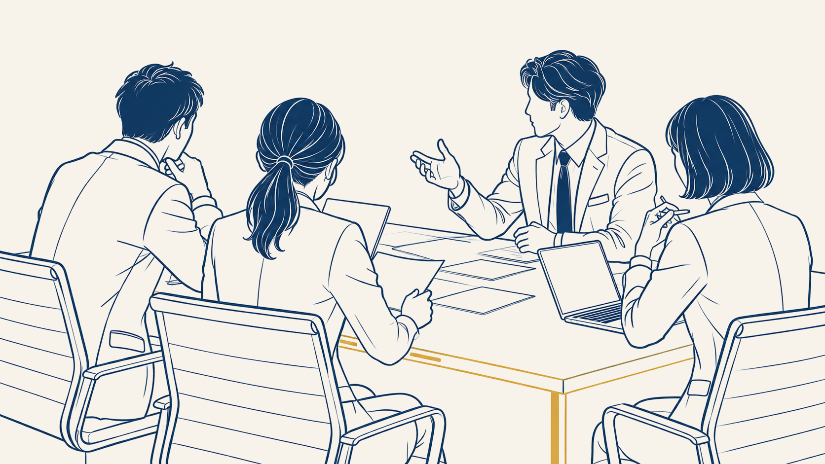経営者と管理職が同じテーブルで、同じ資料を見ながら話している様子のイラスト